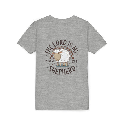 Youth Tee — "The Lord Is My Shepherd" Psalm 23:1 Christian Kids T‑Shirt (Sheep Design)