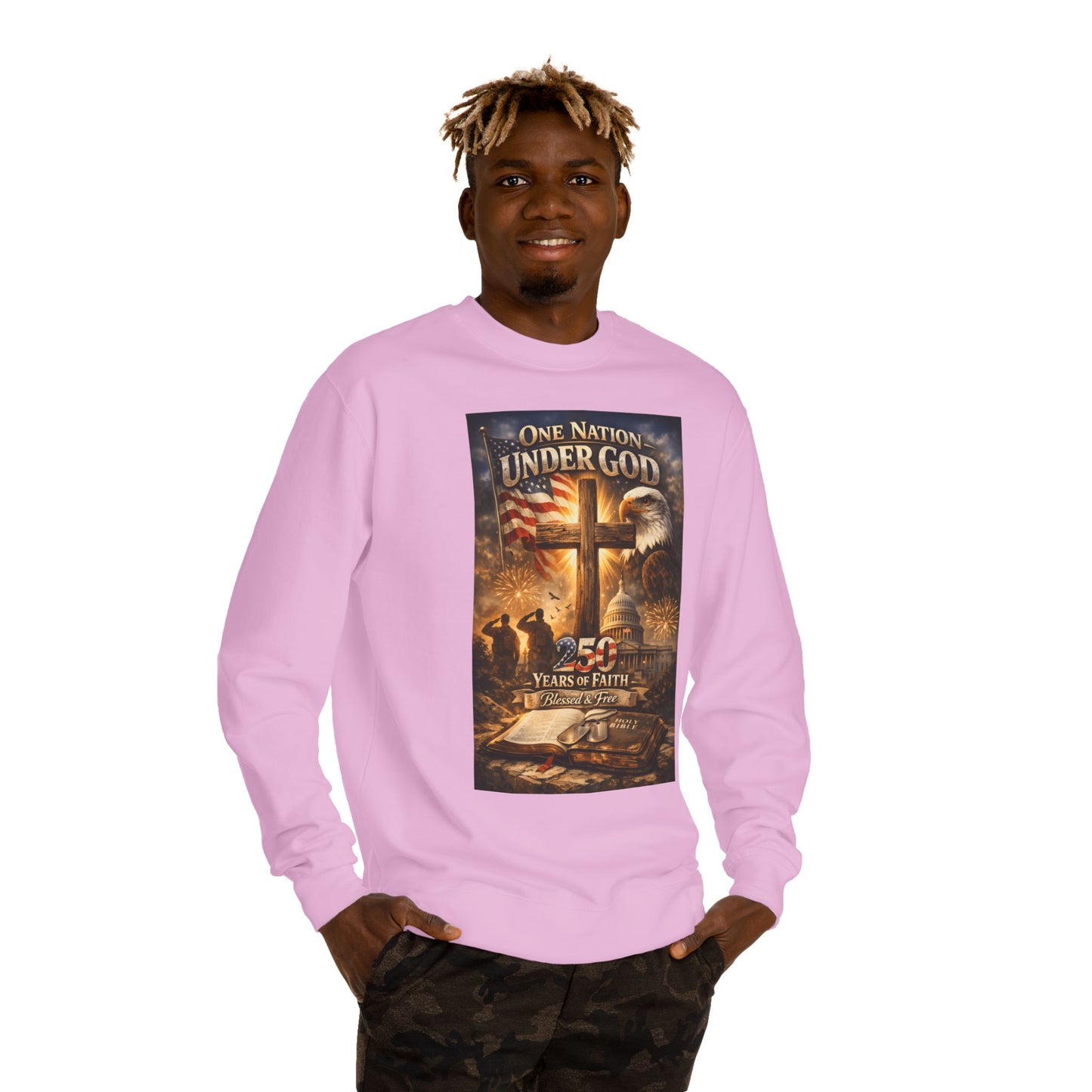 Patriotic Christian Sweatshirt — "One Nation Under God" 25 Years of Faith Crewneck