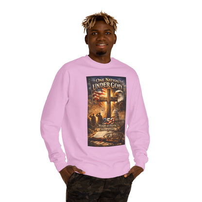 Patriotic Christian Sweatshirt — "One Nation Under God" 25 Years of Faith Crewneck