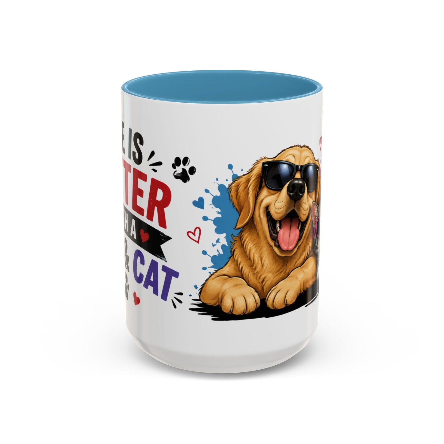 Dog and Cat Coffee Mug – "Life is Better with a Cat" Accent Ceramic Mug