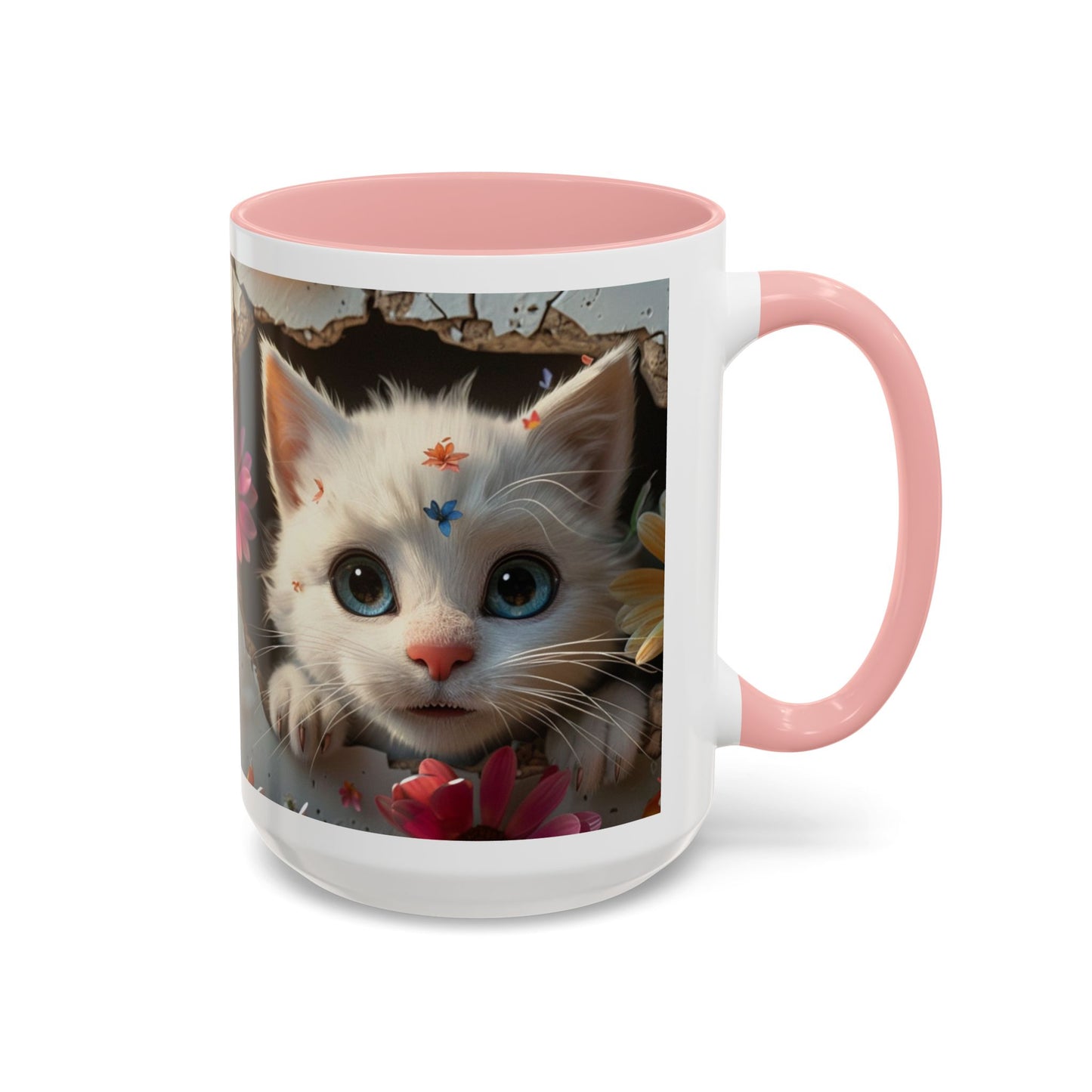 Cute White Kitten Coffee Mug – Floral Accent 11/15oz