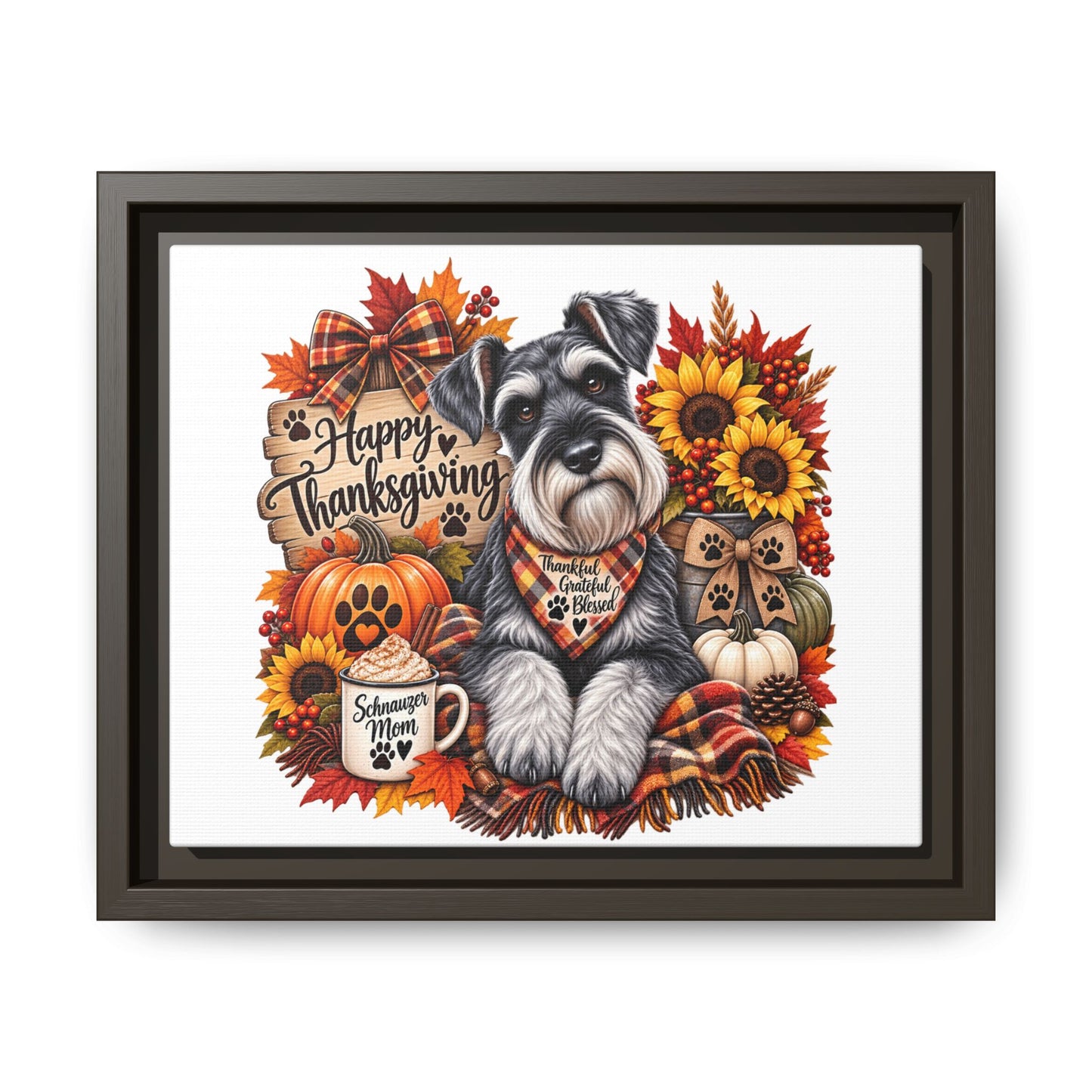Happy Thanksgiving Schnauzer Framed Canvas — Autumn Dog Wall Art