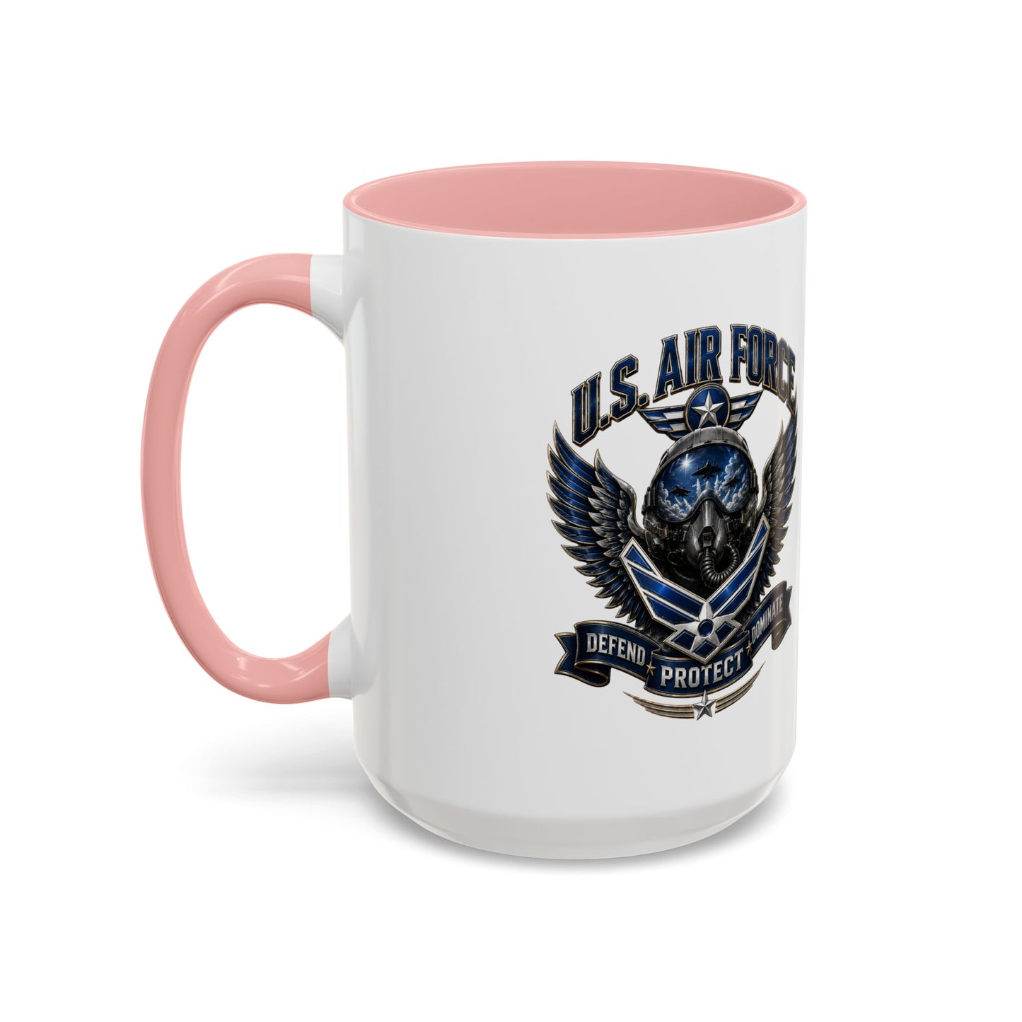 U.S. Air Force Emblem Accent Coffee Mug — Defend Protect Dominate (11/15oz)