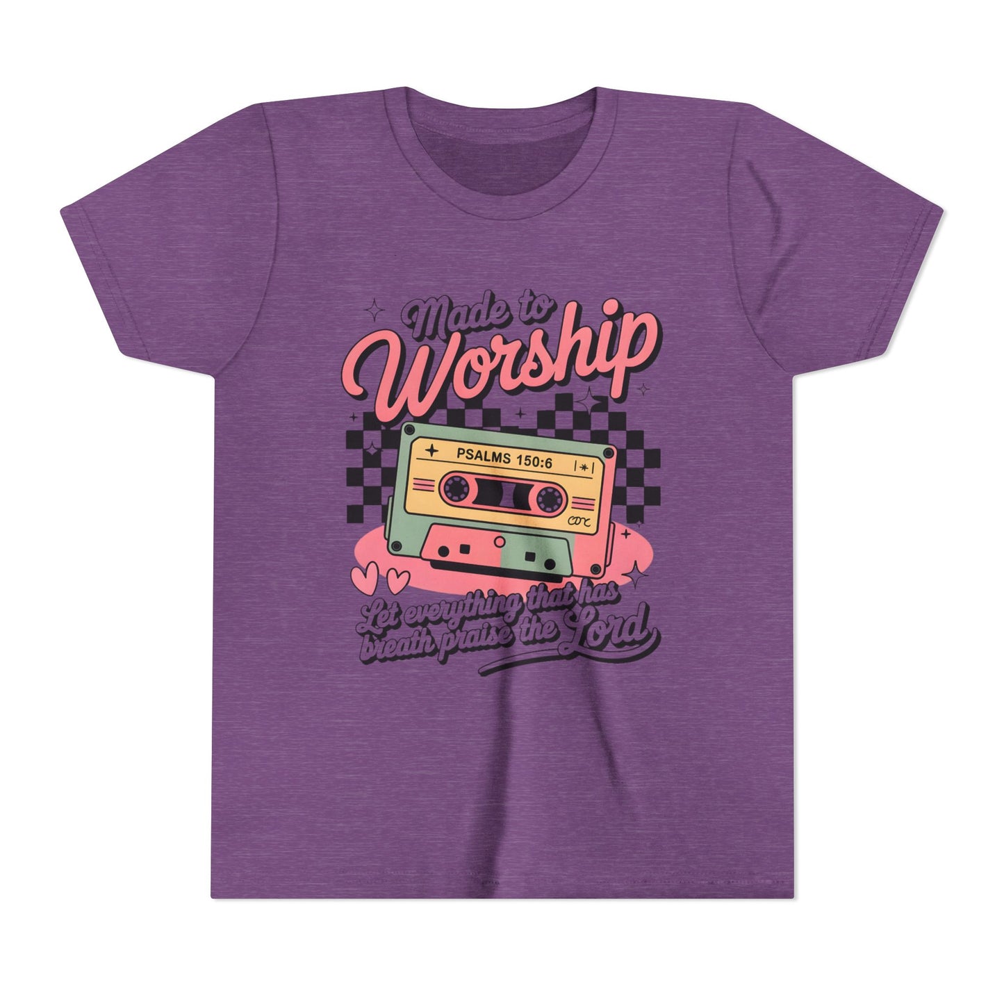Made to Worship Youth Tee – Retro Cassette Christian Kids Shirt (Psalms 100:4)