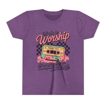 Made to Worship Youth Tee – Retro Cassette Christian Kids Shirt (Psalms 100:4)