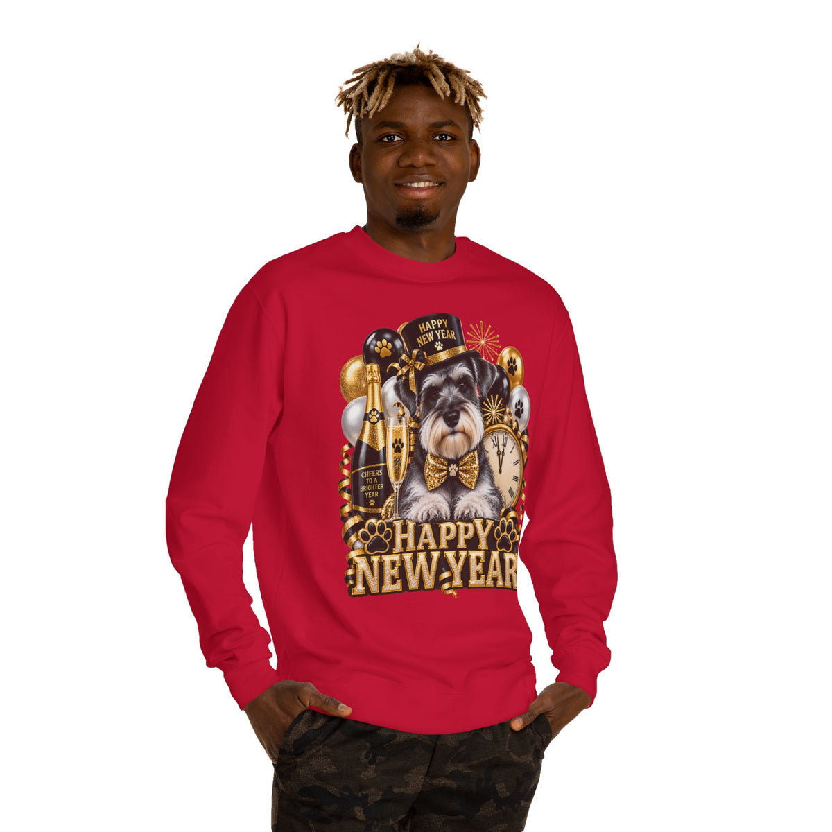Happy New Year Dog Sweatshirt — Festive Paw Print NYE Crewneck