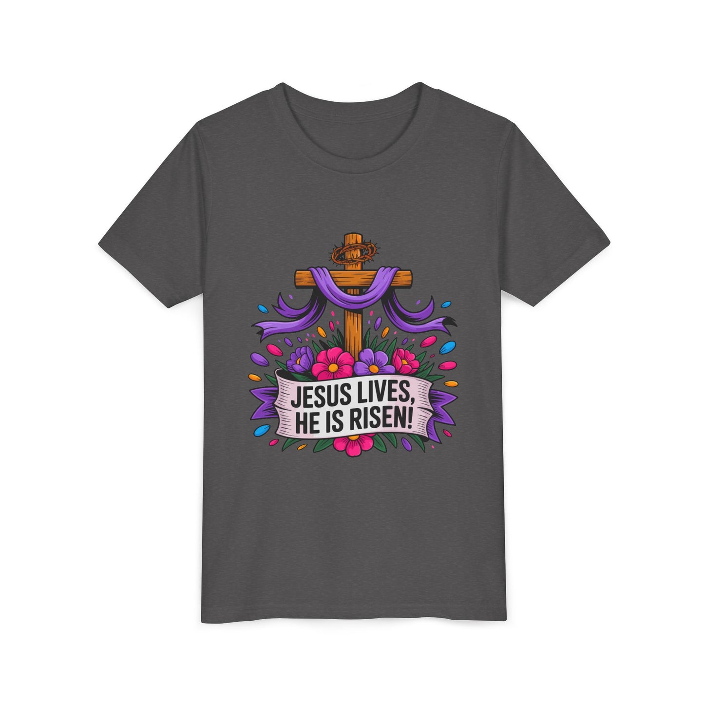 Youth Tee — "Jesus Lives, He Is Risen!" Easter Christian Tee