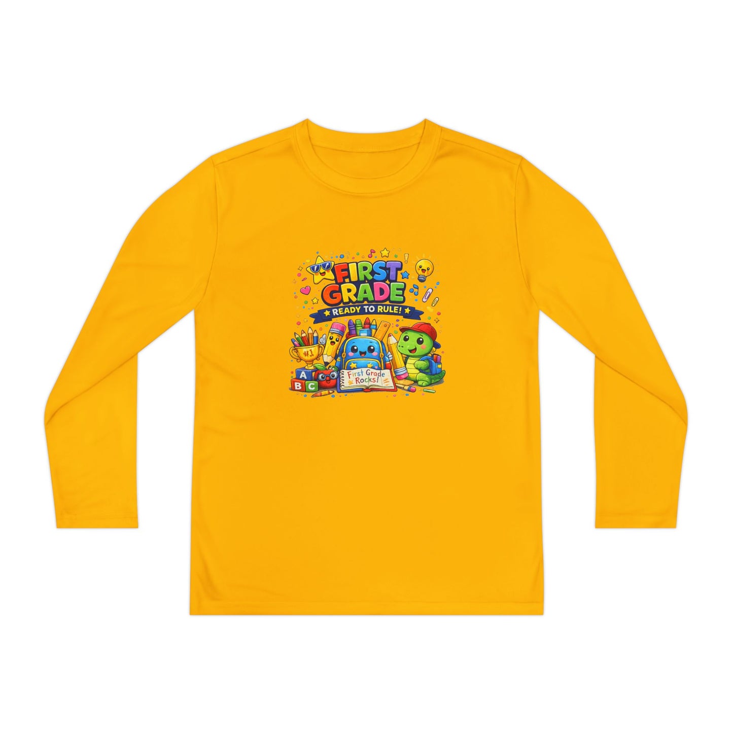 First Grade Ready Youth Long Sleeve Tee — "First Grade Here I Come" Back-to-School Shirt