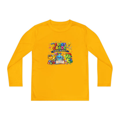 First Grade Ready Youth Long Sleeve Tee — "First Grade Here I Come" Back-to-School Shirt