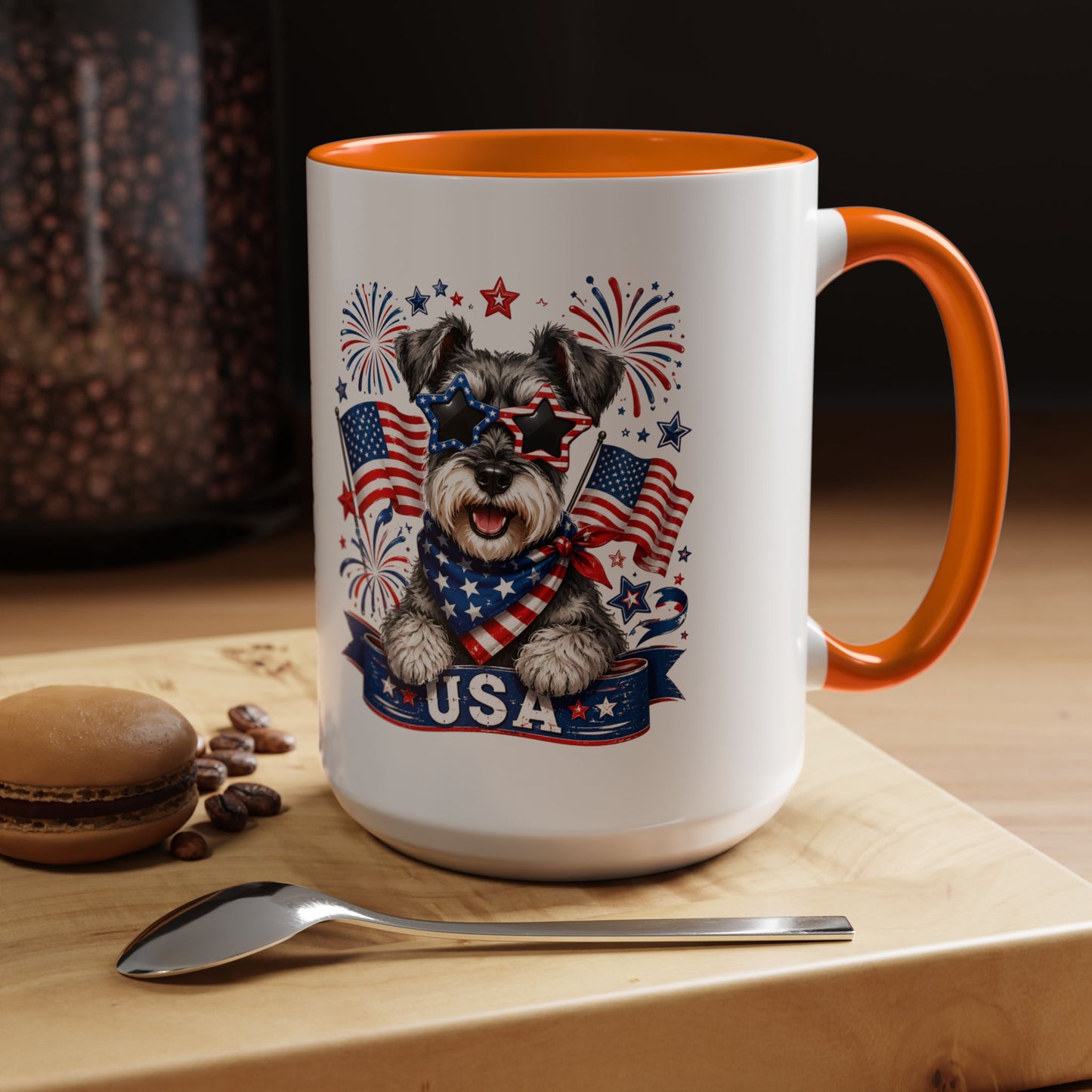 Patriotic Schnauzer Coffee Mug – USA Flag, Fireworks Accent Mug (11/15oz)