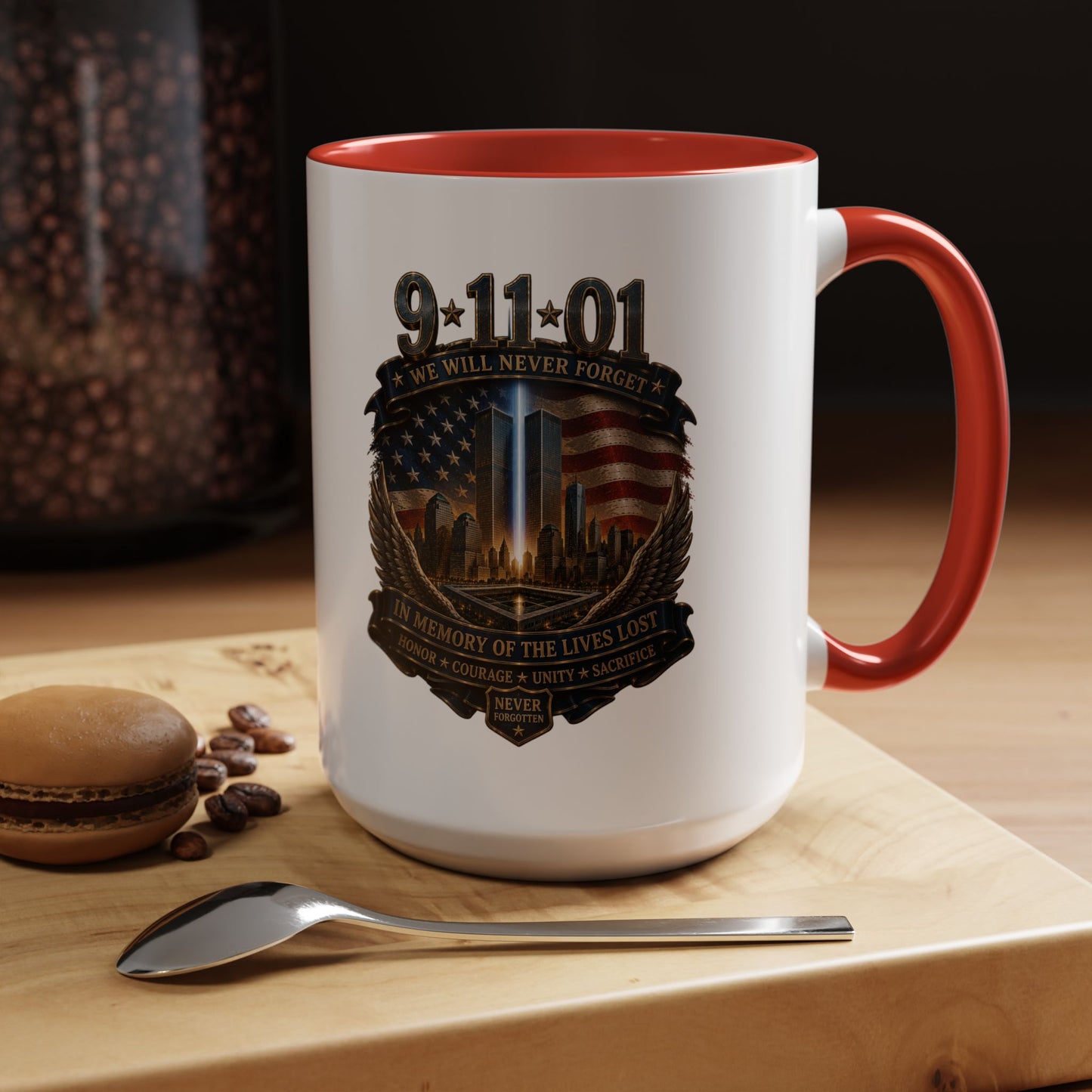 9/11 Memorial Coffee Mug — 'We Will Never Forget' Tribute Accent Mug