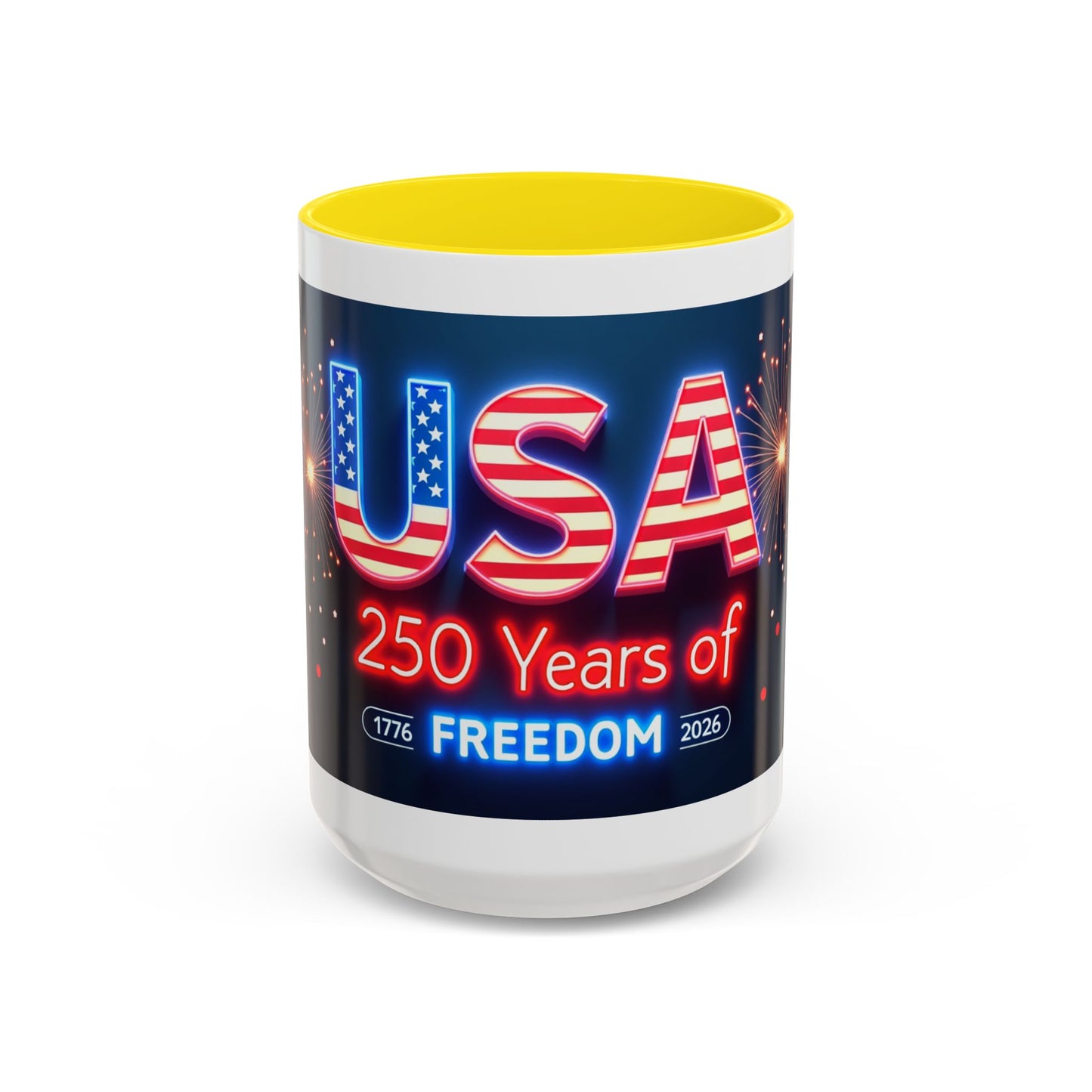 USA 250 Years of Freedom Accent Coffee Mug — Patriotic 1776–2026 Fireworks Design (11/15oz)