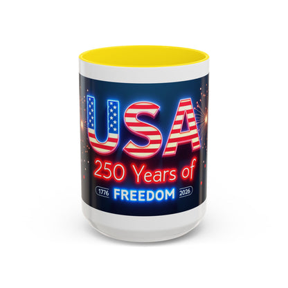 USA 250 Years of Freedom Accent Coffee Mug — Patriotic 1776–2026 Fireworks Design (11/15oz)