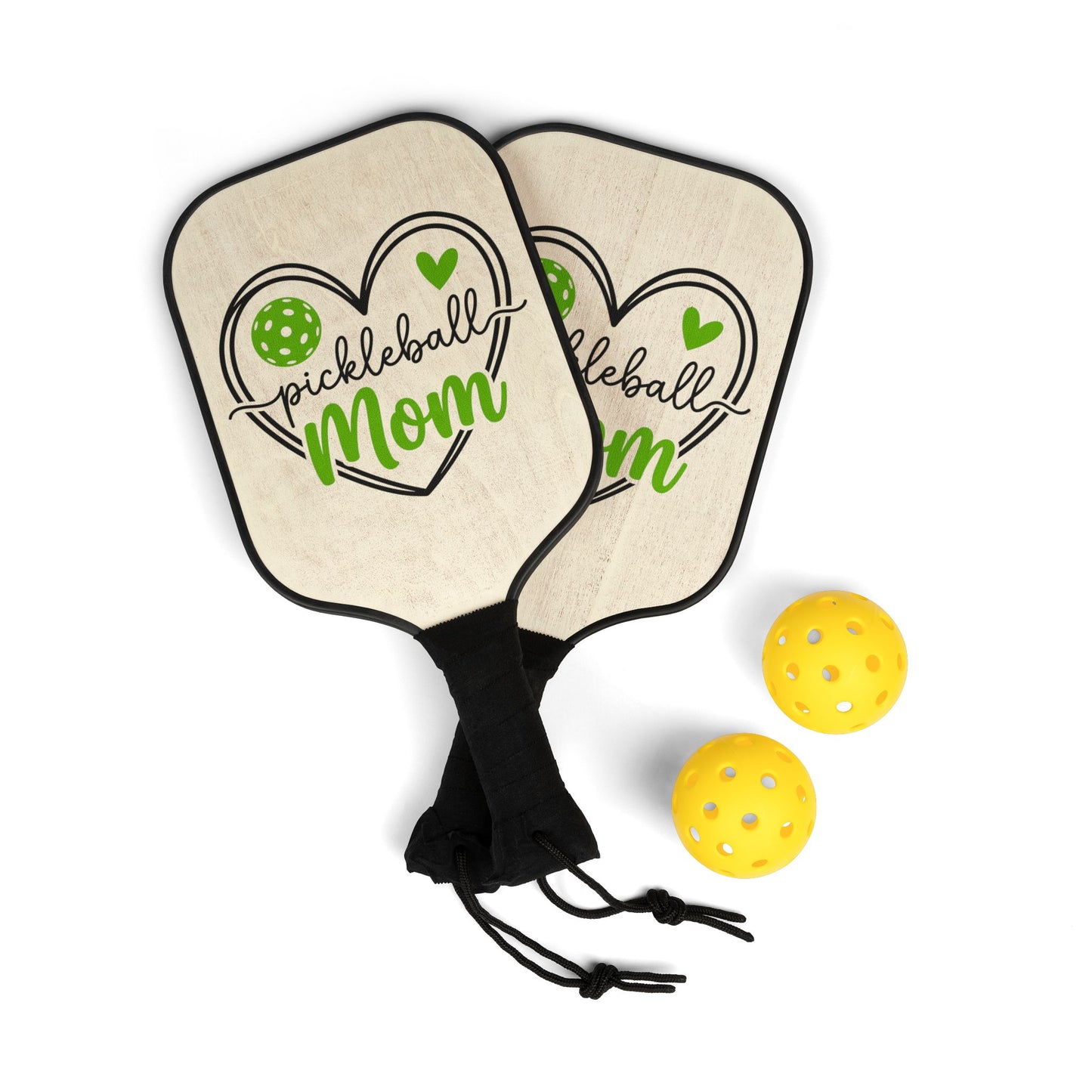 Pickleball Paddle Set — "Pickleball Mom" Lightweight Wooden Paddles with 2 Balls