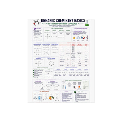 Organic Chemistry Basics Poster – Fine Art Educational Print (Reaction Types, Functional Groups, Nomenclature)