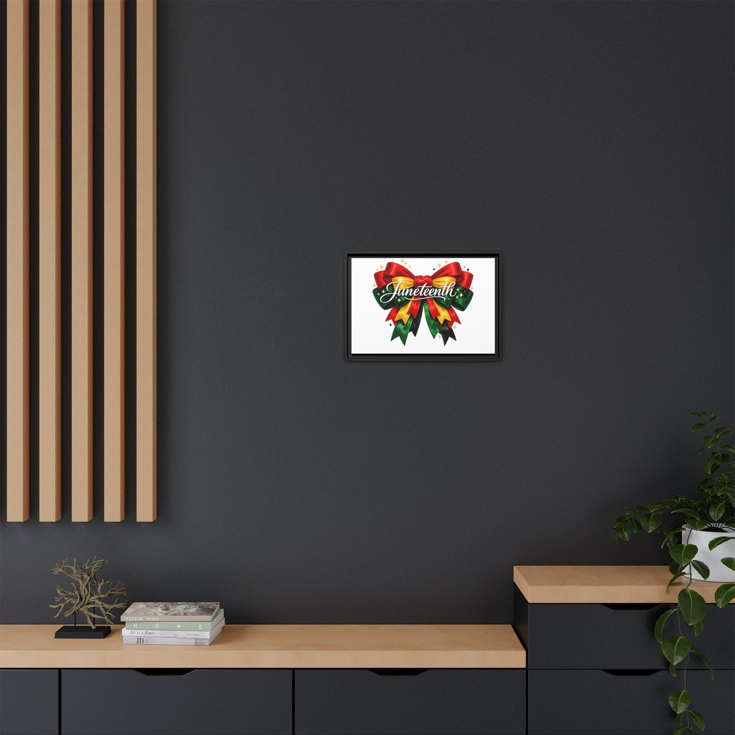 Juneteenth Framed Canvas Print – Festive Red, Green & Gold Ribbon Wall Art