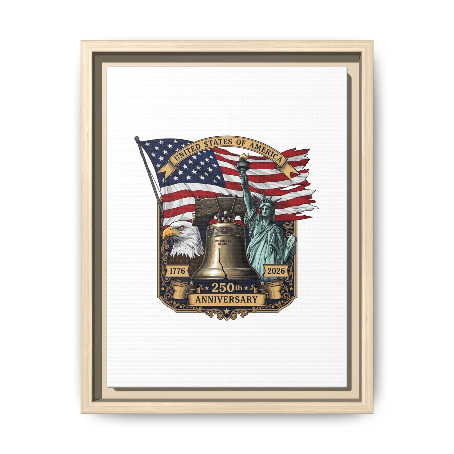 Liberty 250th Anniversary Framed Canvas Print — American Flag, Statue of Liberty & Liberty Bell Art