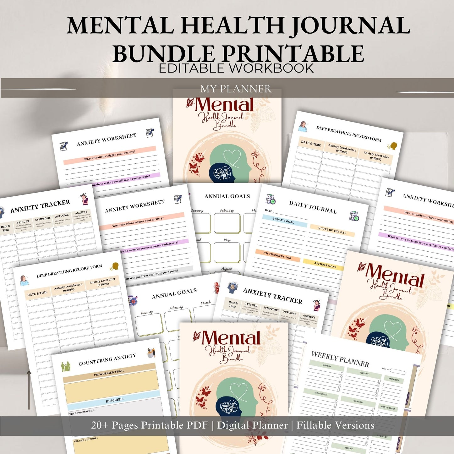 Mental Health Journal Bundle Printable | Self Care & Wellness Planner | Therapy Journal | Mindfulness & Mood Tracker