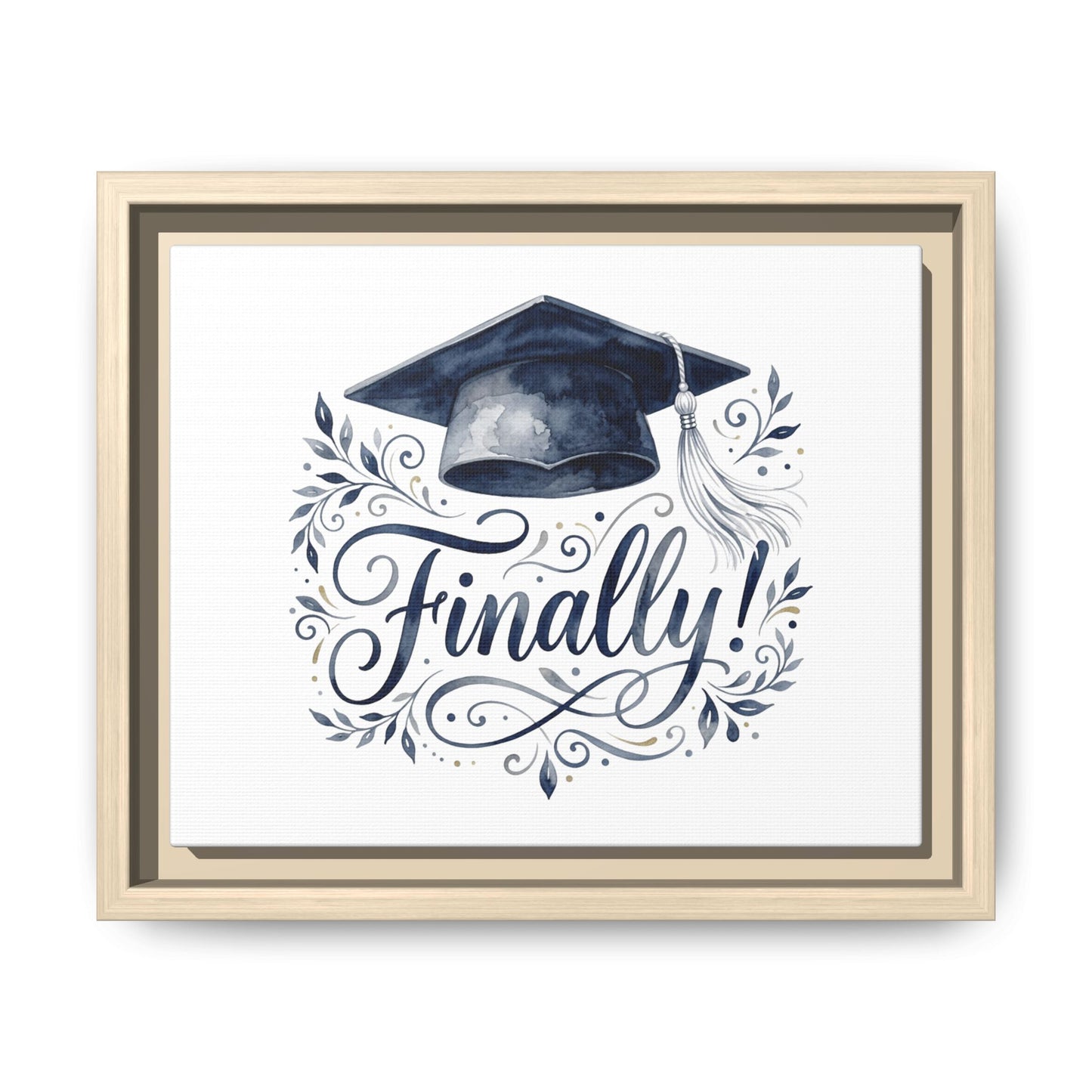 Graduation Canvas Print — “Finally!” Framed Art with Graduation Cap
