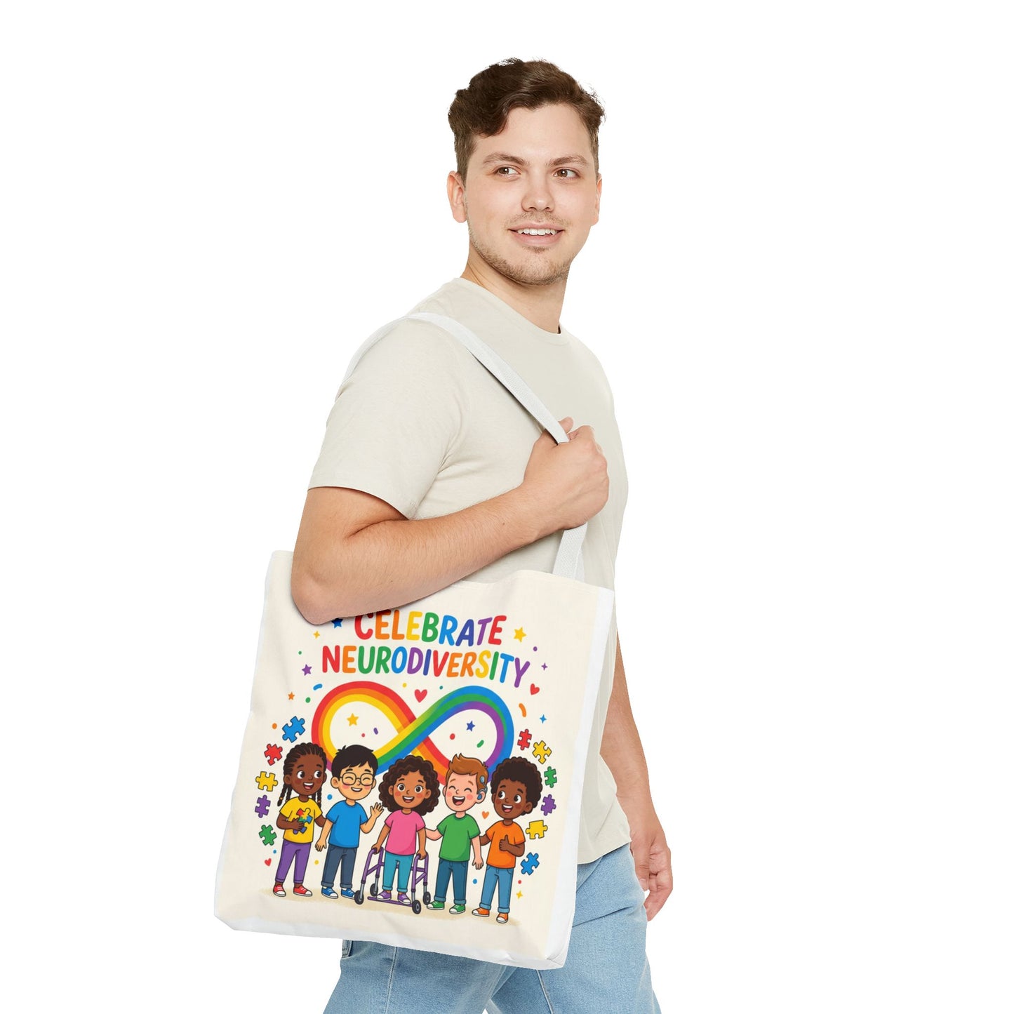 Celebrate Neurodiversity Tote Bag — Rainbow Infinity Symbol with Diverse Kids