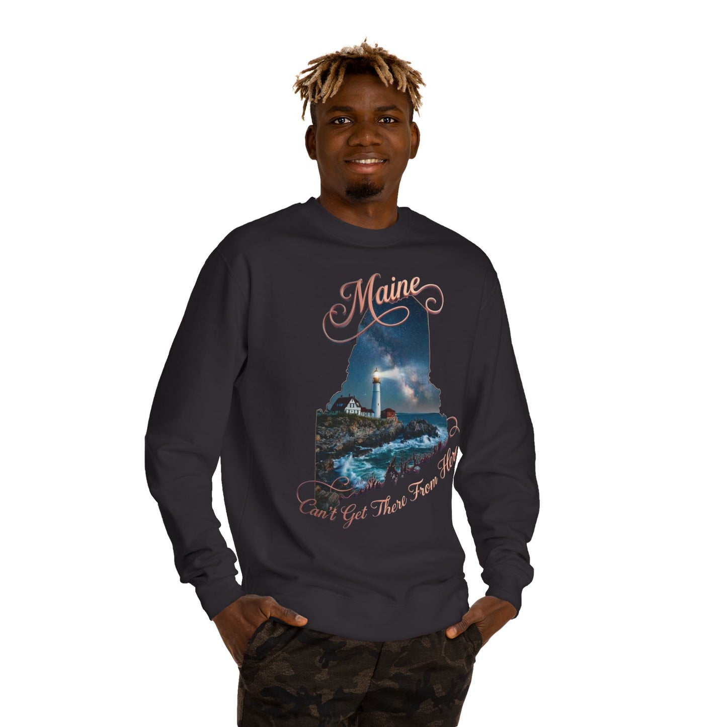 Maine Lighthouse Crewneck Sweatshirt — "Can't Get There From Here" Coastal Graphic