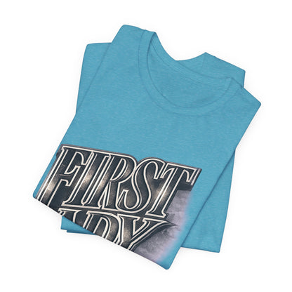 First Lady Graphic Tee — Retro Metallic Script Short Sleeve Shirt