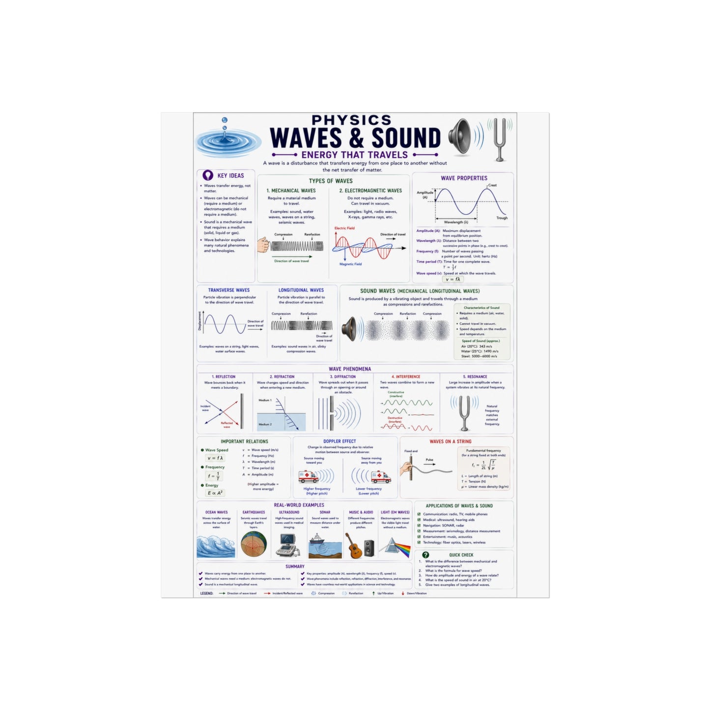 Waves & Sound Physics Poster — Educational Fine Art Science Print