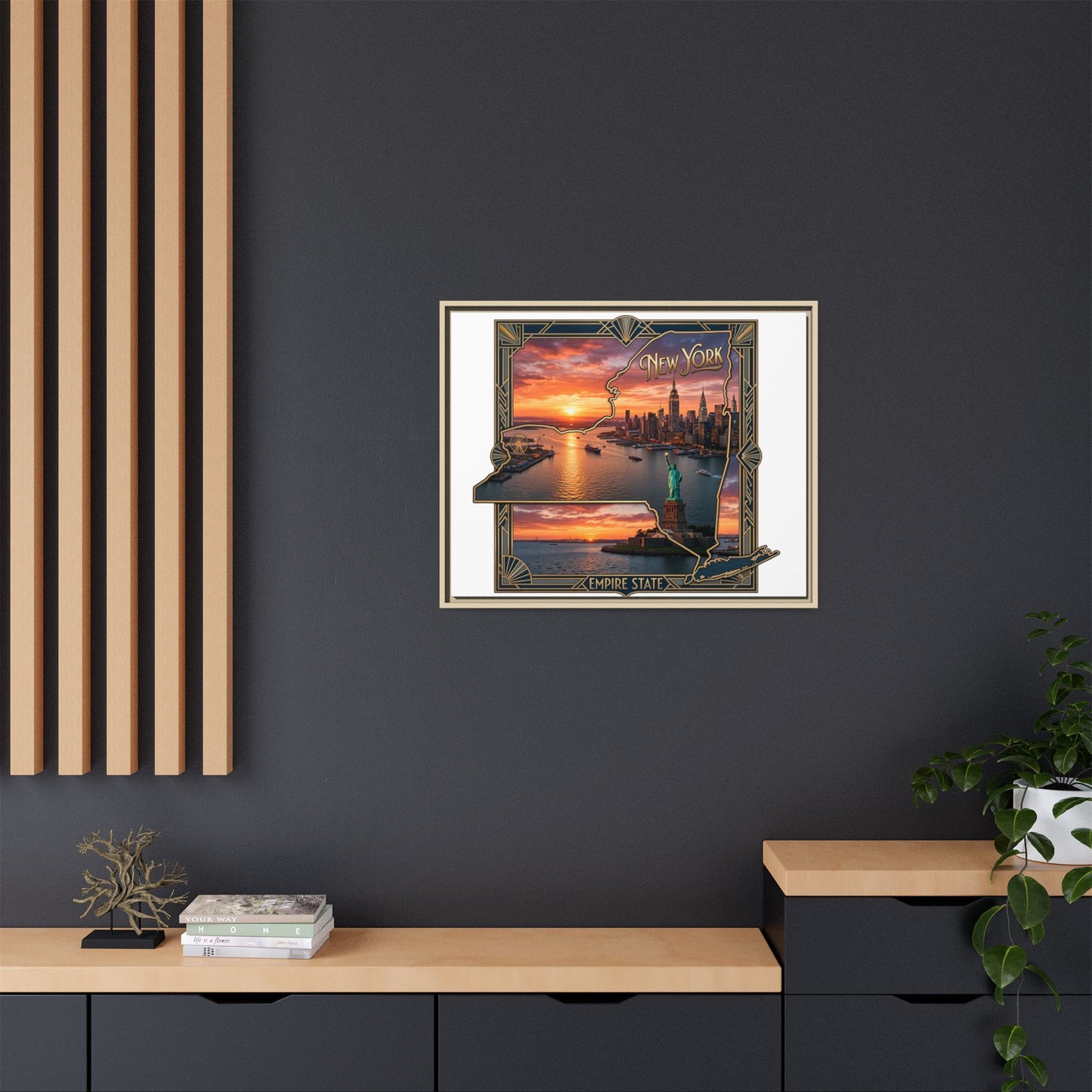 Framed Matte Canvas Wall Art — New York City Sunset Skyline with Statue of Liberty