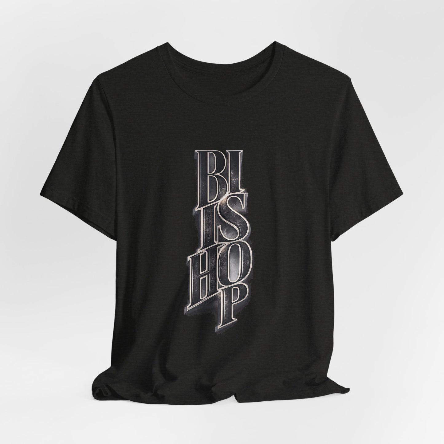 Bishop Vertical Script Tee — Vintage Gothic Lettering T-Shirt