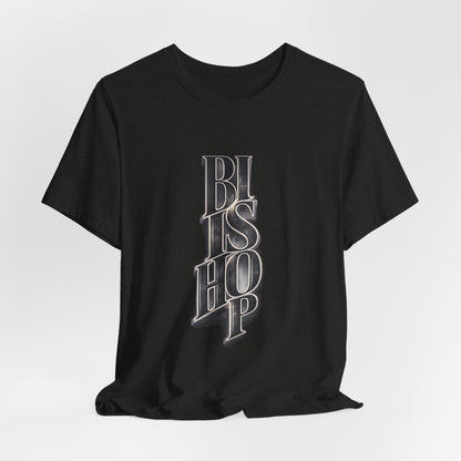 Bishop Vertical Script Tee — Vintage Gothic Lettering T-Shirt