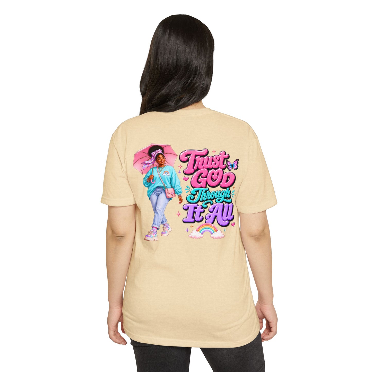 Trust God Through It All T-Shirt — Inspirational Faith Tee with Colorful Girl Illustration