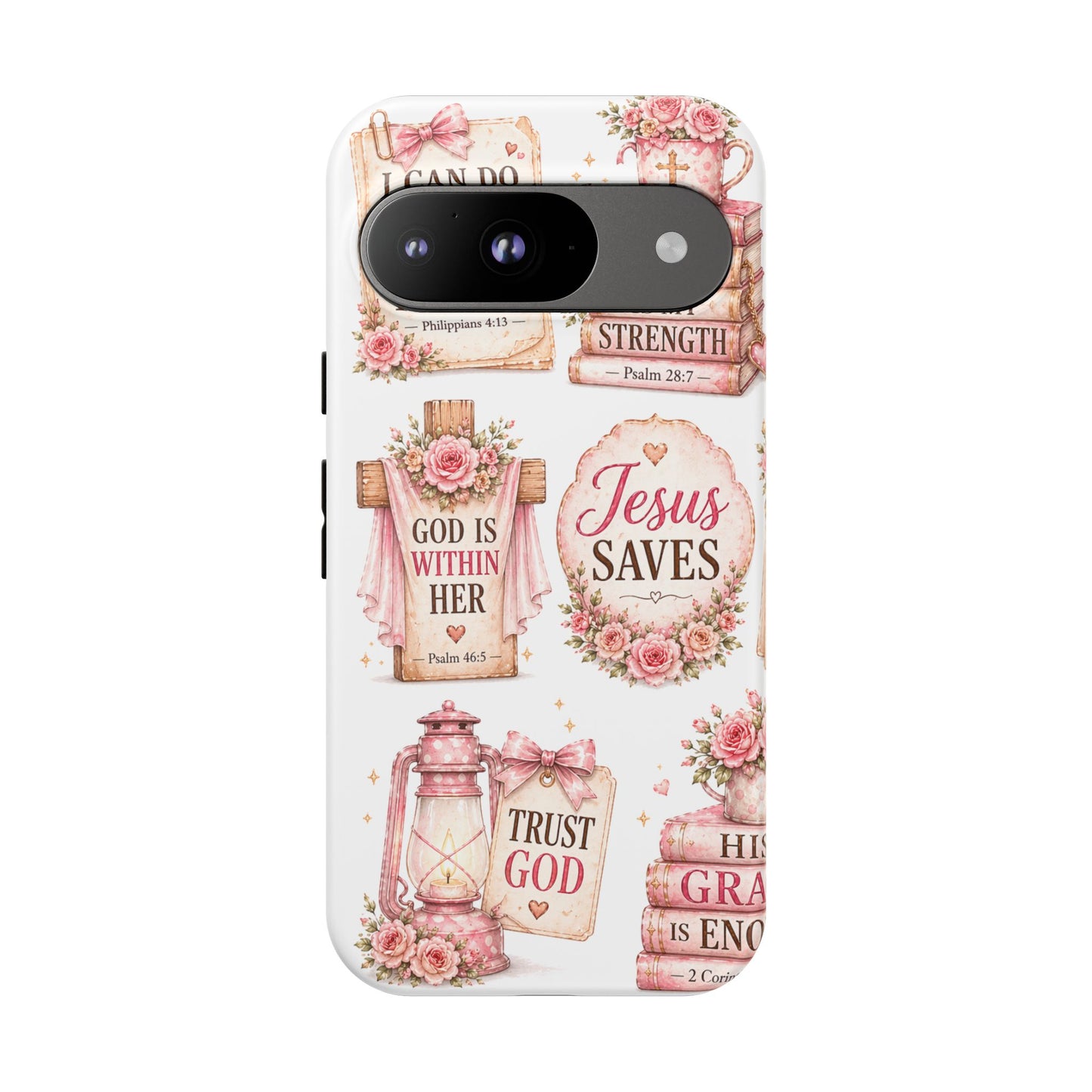 Christian Phone Case — Jesus Saves Floral Tough Case with 'God Is Within Her' & 'Trust God' Design