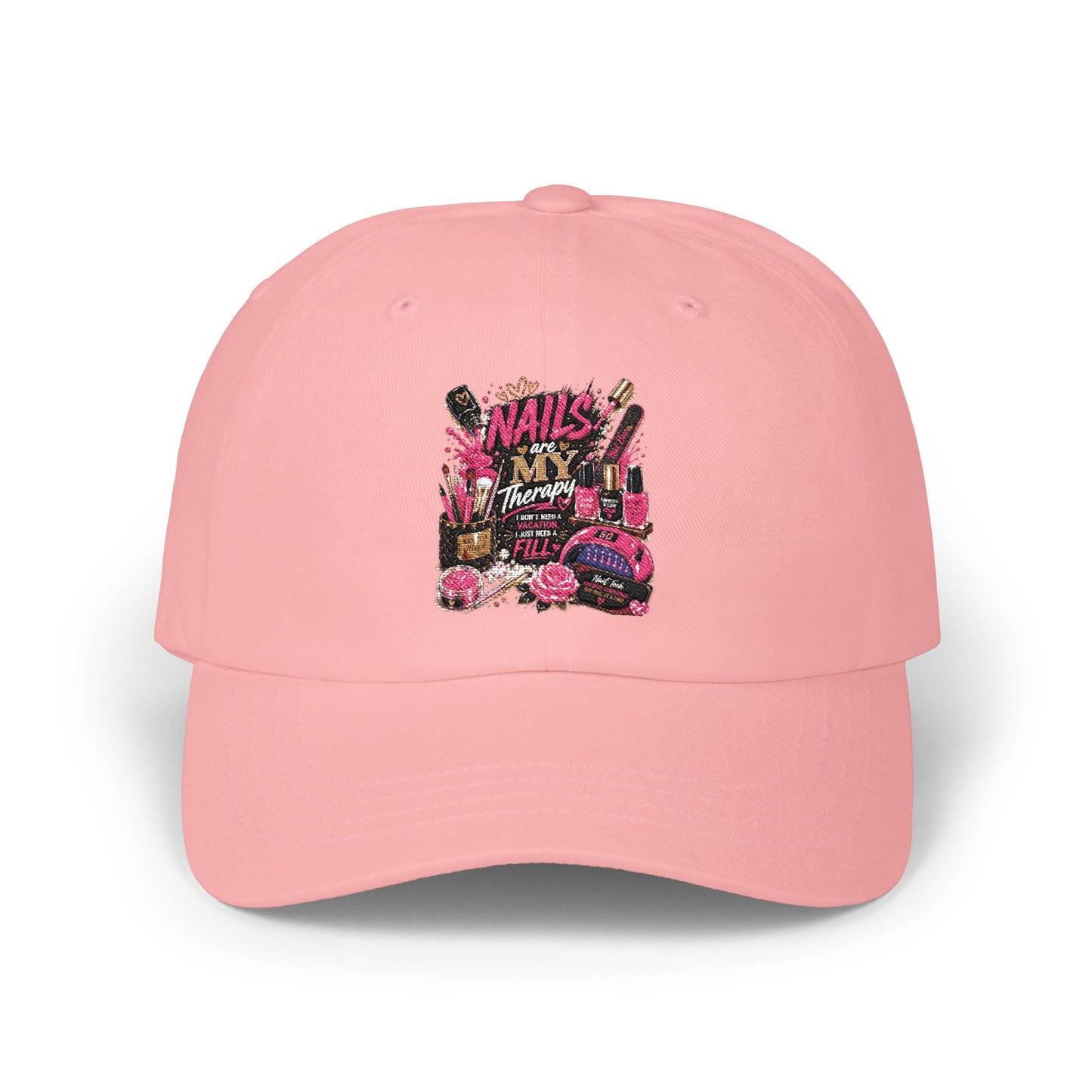 Baseball Cap — 'Nails, Bangs, & Beauty' Pink Cosmetics Embroidered Dad Hat