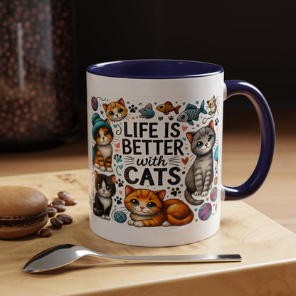 Life Is Better With Cats Accent Coffee Mug – Cute Kitten Ceramic Tea Cup (11/15oz)