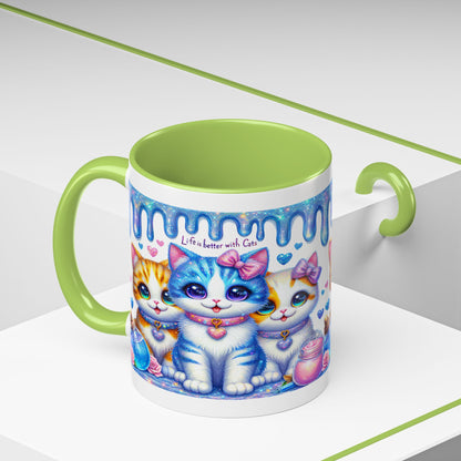 Cute Kawaii Cats Coffee Mug - "Life is Better with Cats" Accent Mug