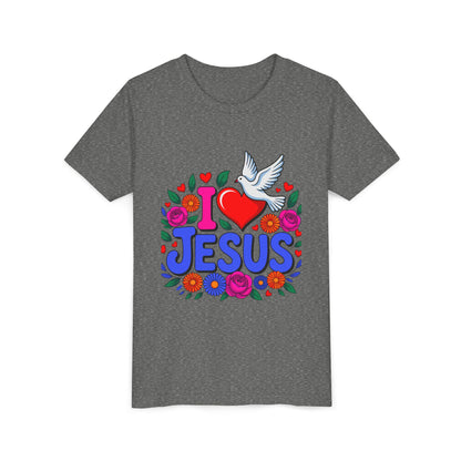 Youth Tee — "I  Jesus" Colorful Dove & Floral Christian Shirt