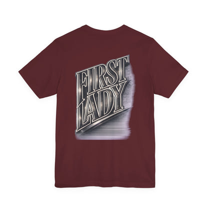 First Lady Graphic Tee — Retro Metallic Script Short Sleeve Shirt