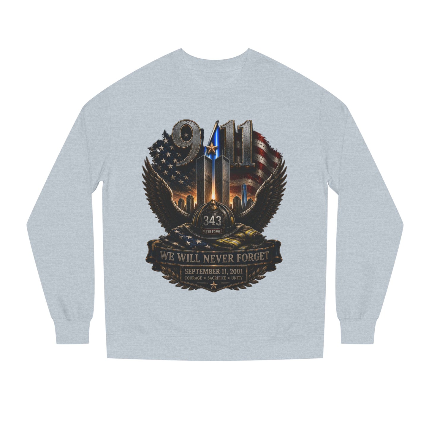 9/11 We Will Never Forget Crewneck Sweatshirt – Memorial Tribute