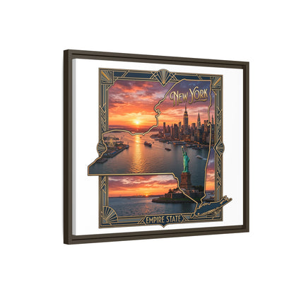 Framed Matte Canvas Wall Art — New York City Sunset Skyline with Statue of Liberty