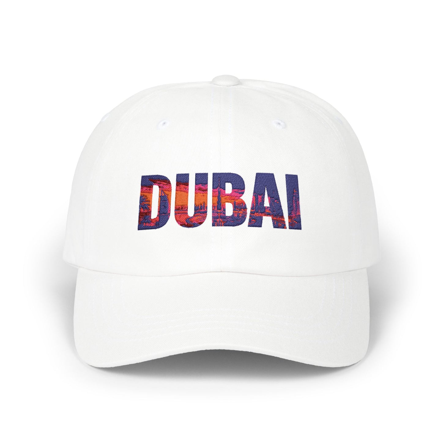 Dubai Dad Cap — White Classic Baseball Hat with Dubai Skyline Text