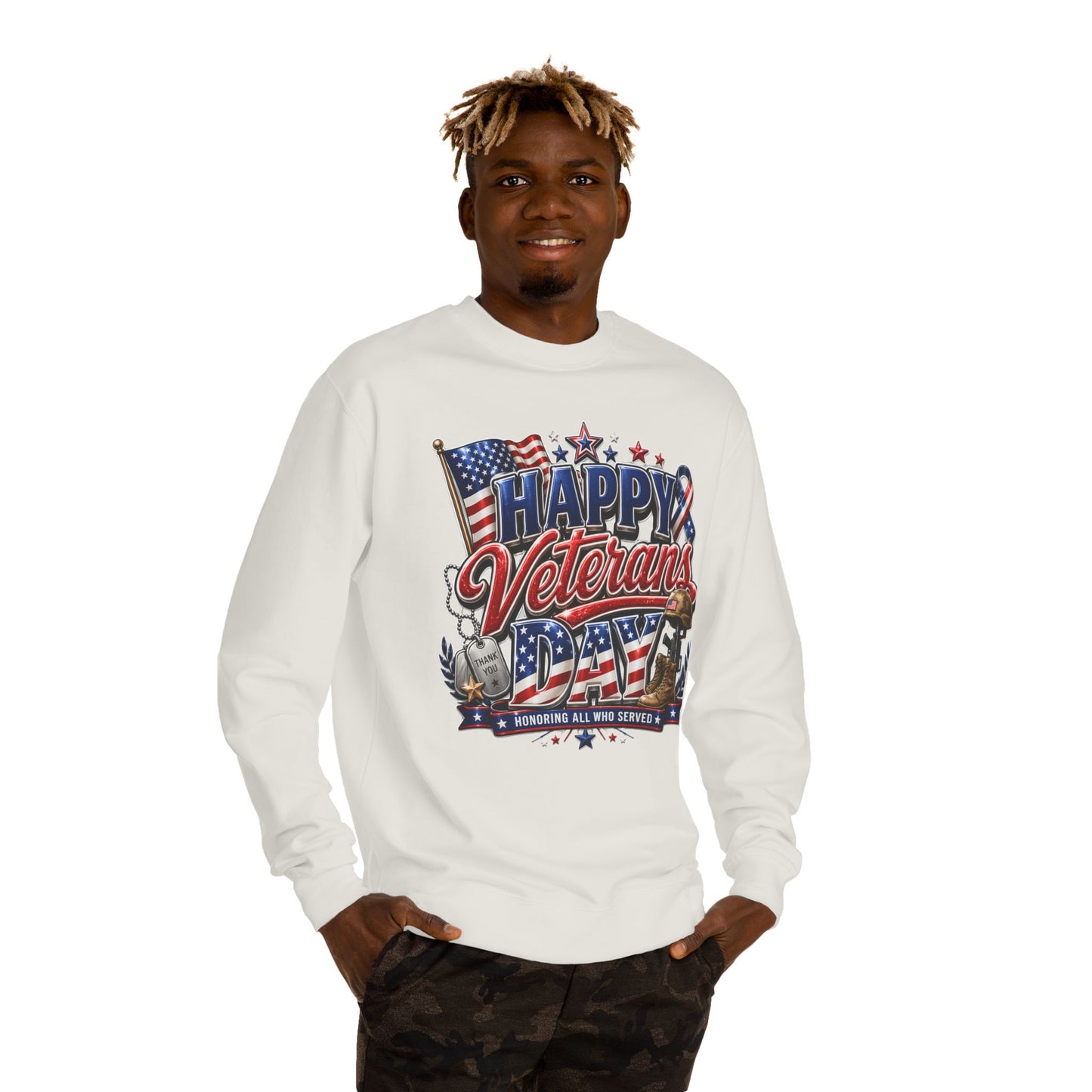Happy Veterans Day Sweatshirt — Patriotic 'Honoring All Who Served' Crewneck