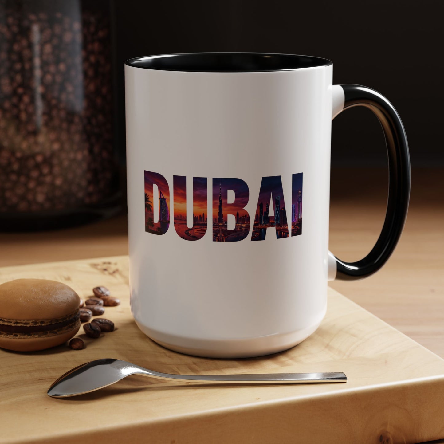 Dubai Skyline Accent Coffee Mug — Sunset City Photo Text (11/15oz)