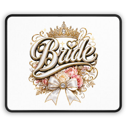 Bride Gaming Mouse Pad — Elegant Gold Crown, Floral & Ribbon Bridal Desk Mat