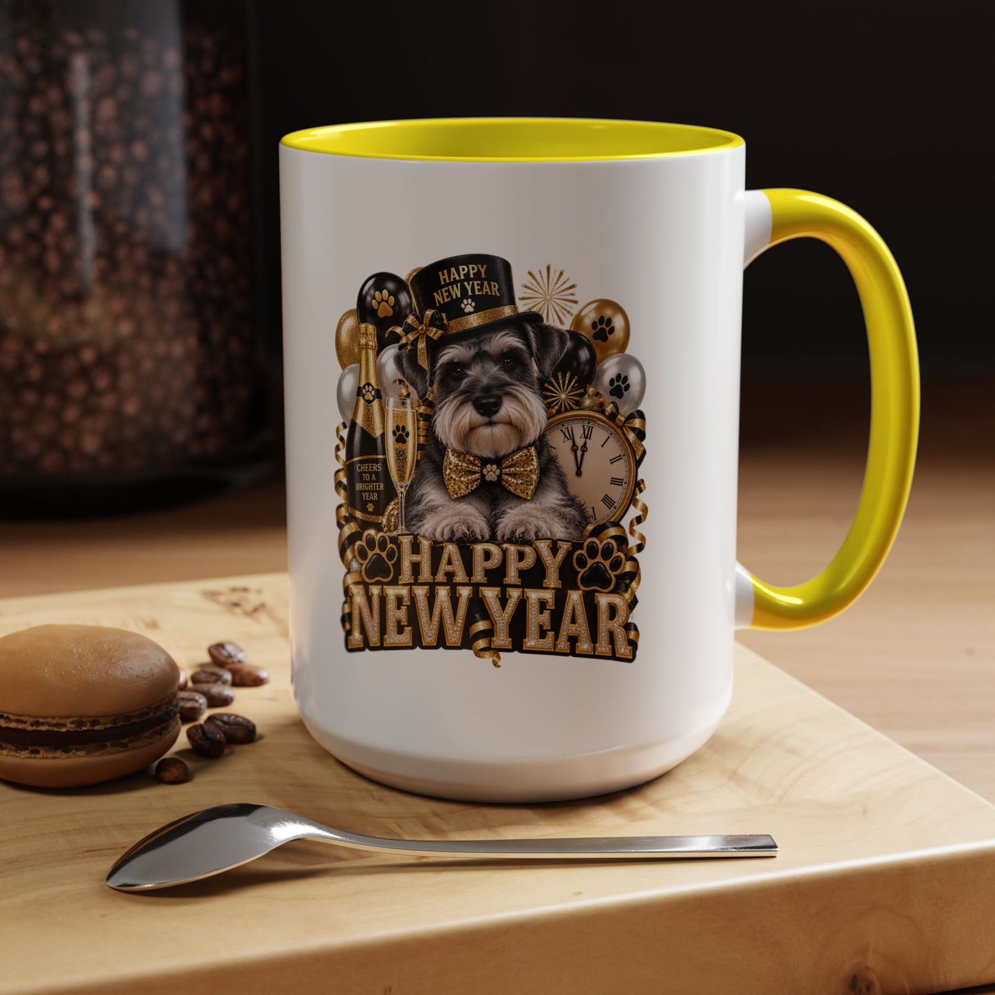 Happy New Year Dog Coffee Mug — Festive Black & Gold 11/15oz Accent Mug