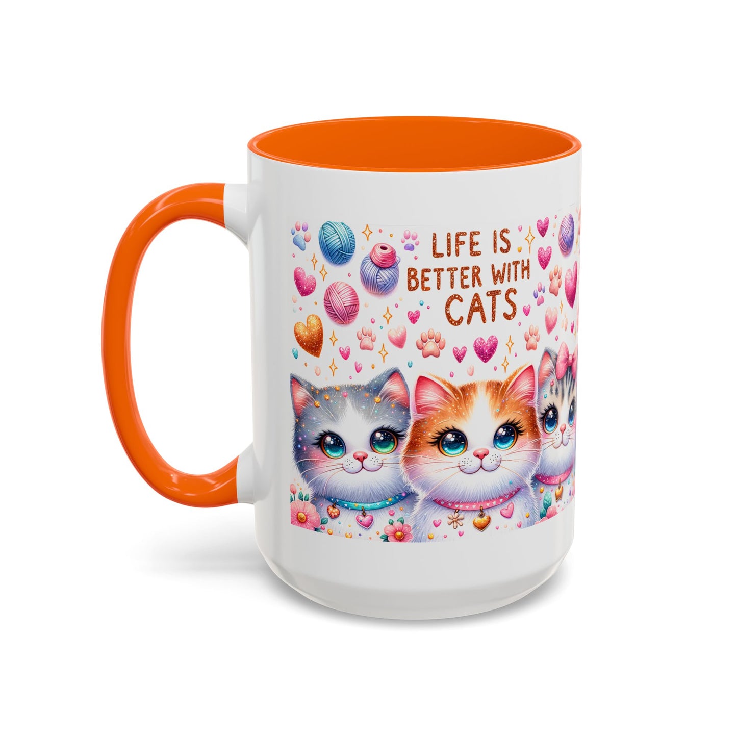Cat Lover Accent Coffee Mug — "Life Is Better With Cats" Cute Kittens Design (11/15oz)