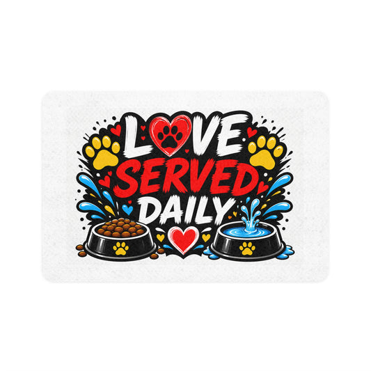 Pet Food Mat — "Love Served Daily" Non-Slip Feeding Mat (12x18)