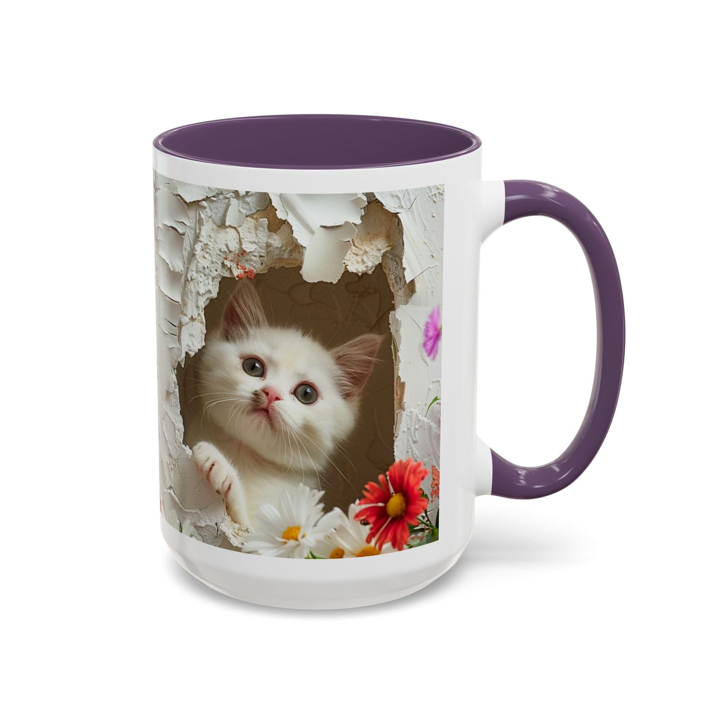 Peek-A-Boo Kitten Accent Coffee Mug — Cute Cat Floral Design (11/15oz)