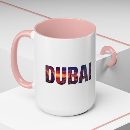 Dubai Skyline Accent Coffee Mug — Sunset City Photo Text (11/15oz)