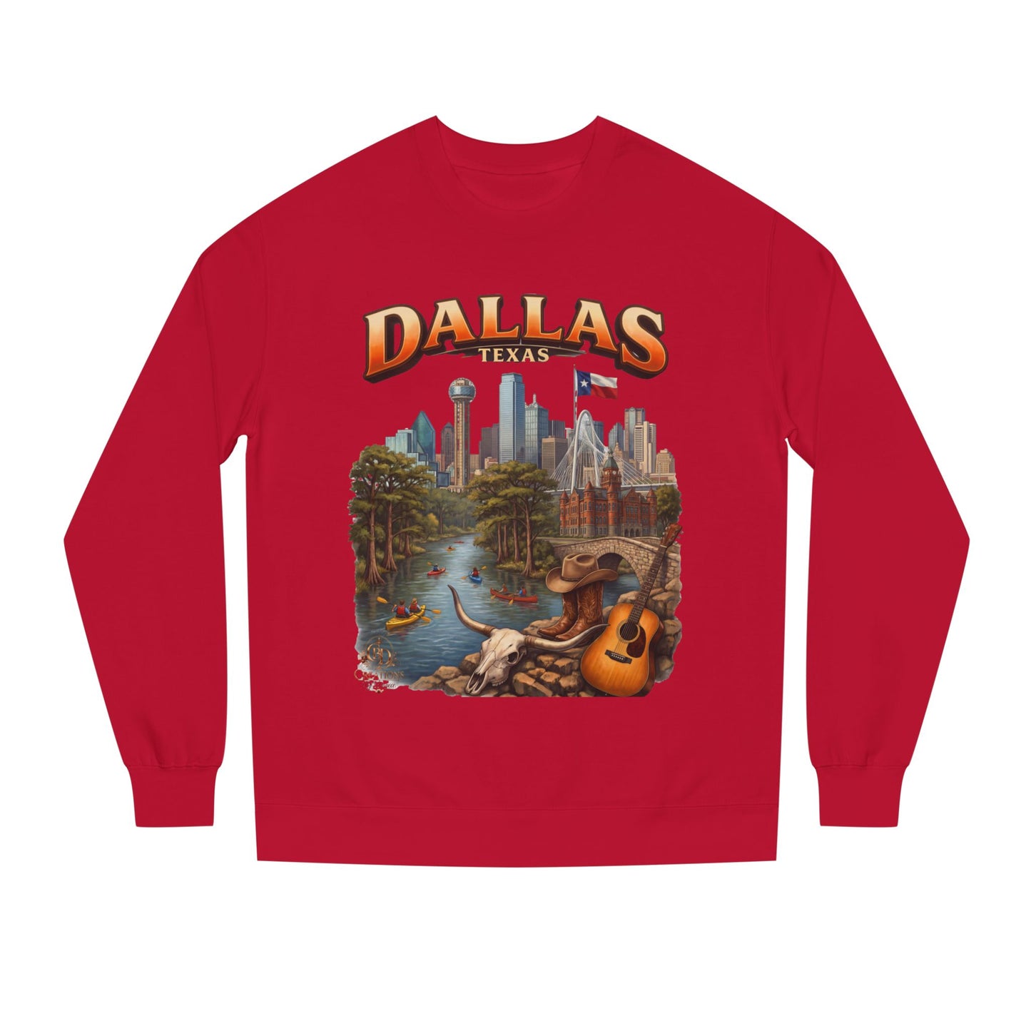 Dallas Skyline Crewneck Sweatshirt — Texas Cityscape & Acoustic Guitar Design