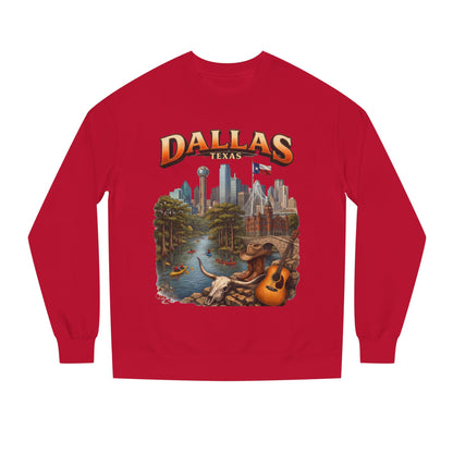 Dallas Skyline Crewneck Sweatshirt — Texas Cityscape & Acoustic Guitar Design
